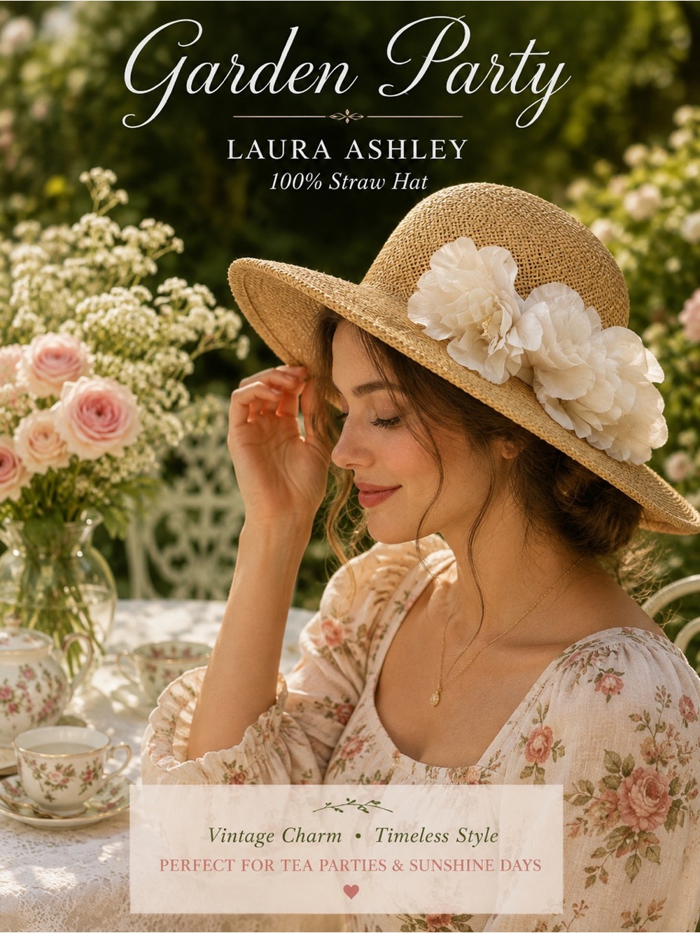 Vintage Laura Ashley natural straw sun hat, finely crafted in Great Britain.